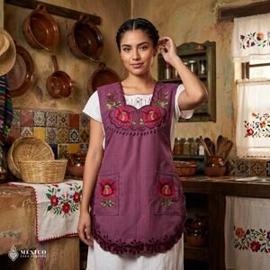 Burgundy Mexican Embroidered Smock Apron – Floral Traditional Design